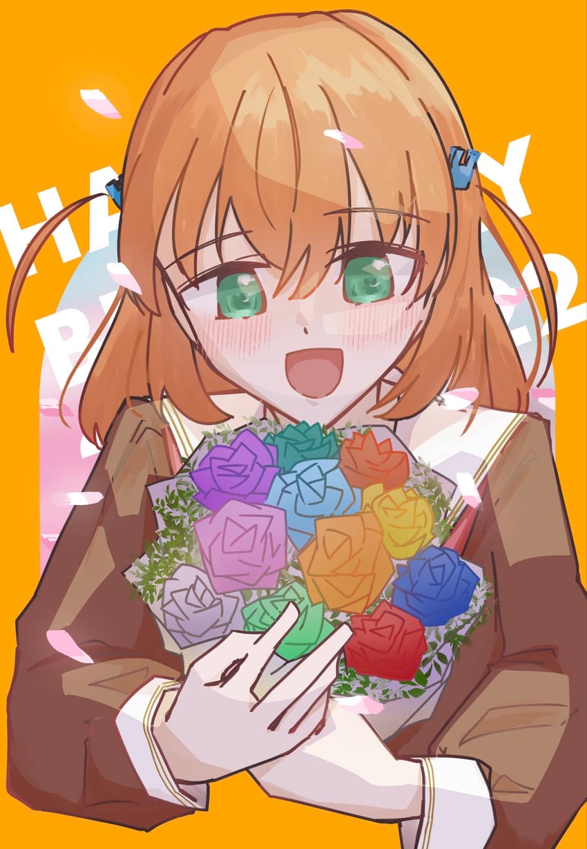 Love Live!、Love Live! 莲之空女学院学园偶像部、日野下花帆 1名女孩 :D 脸红 花束 棕色连衣裙