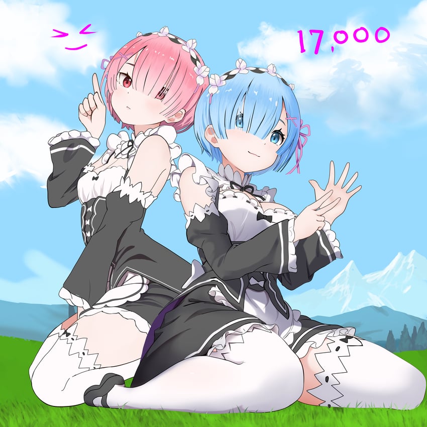 Re:从零开始的异世界生活、拉姆 (Re:Zero)、雷姆 (从零开始的异世界生活) 2名女孩 黑鞋 蓝眼 蓝发 乳房