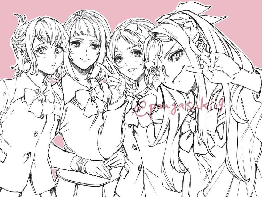 Angelegna DoD Alternative ~封印学园~、誓血龙骑士、龙背上的骑兵 1 4个女孩 耳环 花 花遮眼 灰度图彩背景