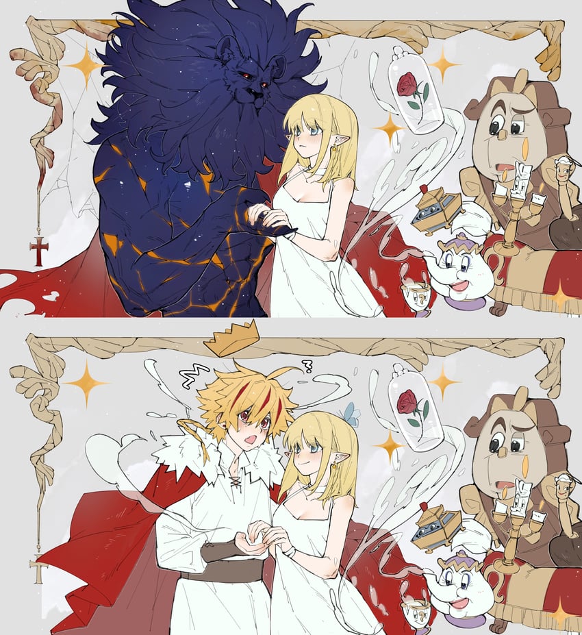 美女与野兽 (迪士尼)、Fate/Grand Order、Fate/strange Fake 1名男孩 1名女孩 两格漫画 呆毛 异种