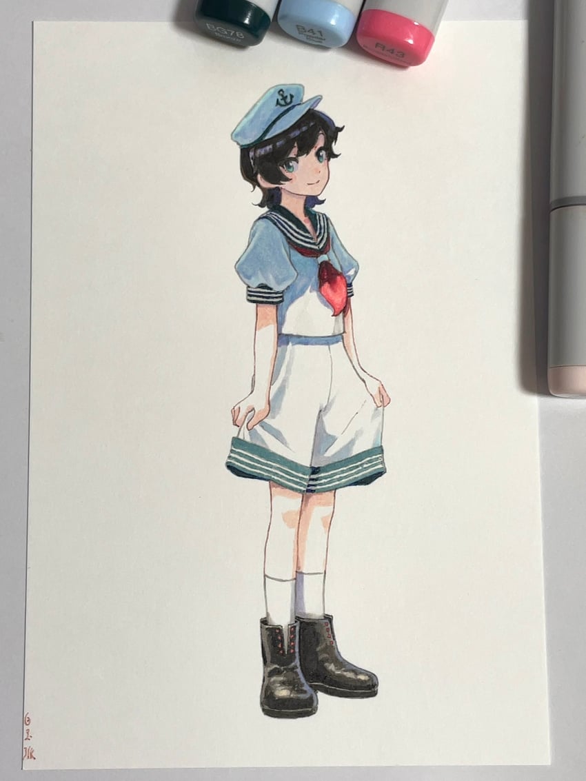 东方Project、村纱水蜜 1名女孩 锚标志 画面内含画具 黑色靴子 黑发