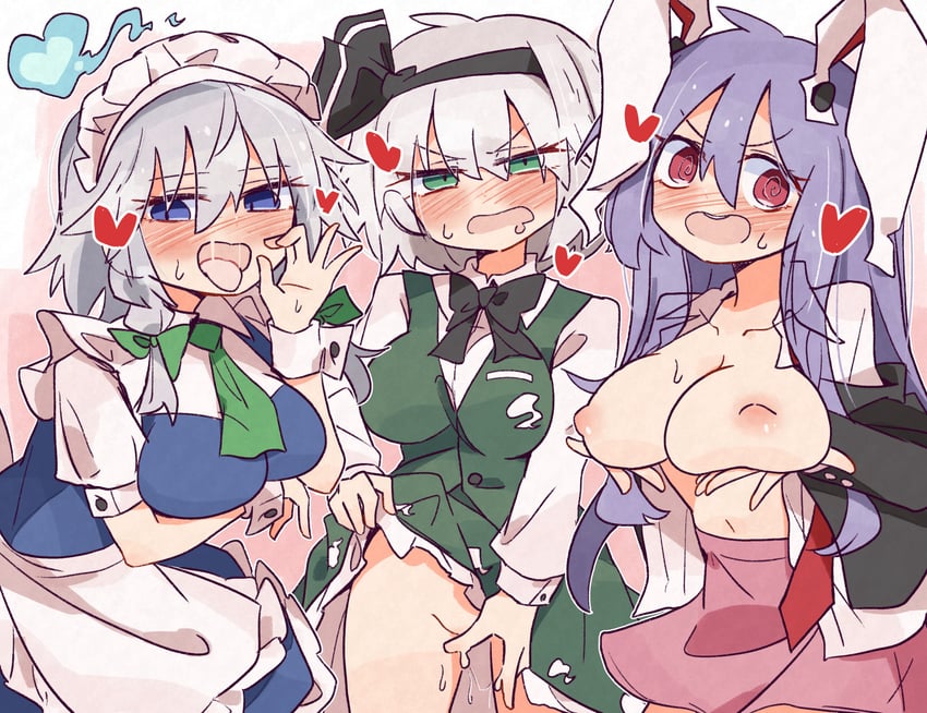 东方Project、十六夜咲夜、魂魄妖梦 3人女子 @_@ 兽耳 围裙 手臂托在乳房下