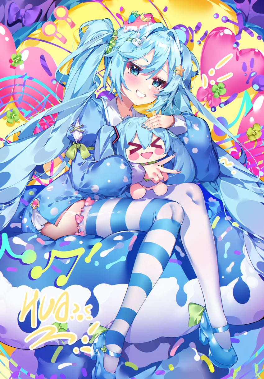 VOCALOID、初音未来 1名女孩 作者名 不对称腿部穿着 气球 蓝眼