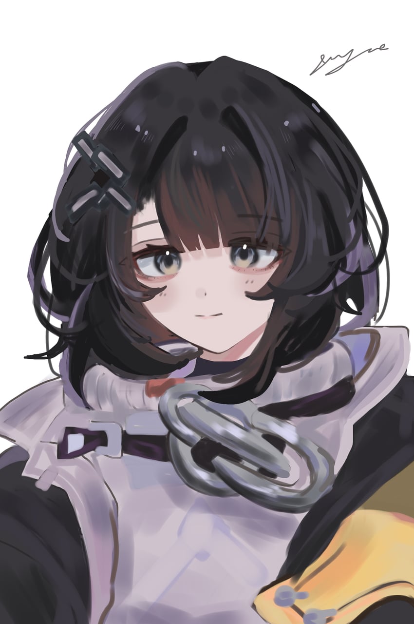 明日方舟、明日方舟：终末地、管理员 (明日方舟) 1名女孩 黑发 黑色夹克 锁链 闭嘴