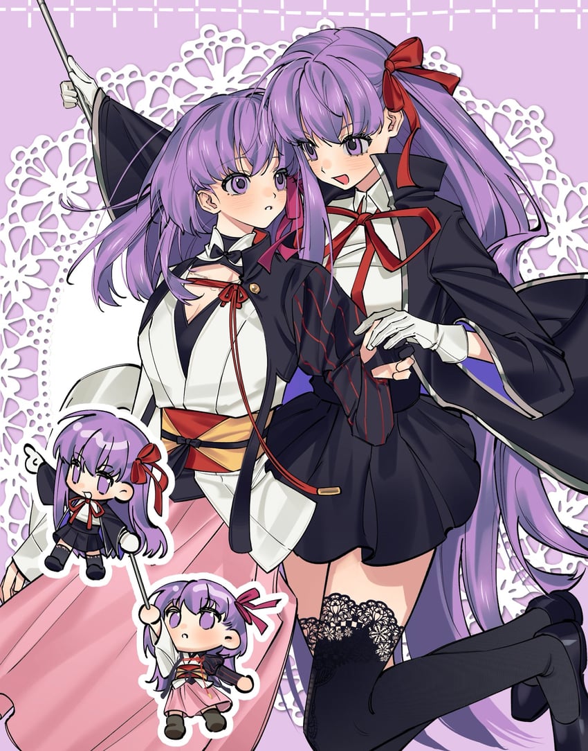 Fate/Extra、Fate/Grand Order、Fate/stay night 2名女孩 举手 黑色夹克 黑色裙子 黑色过膝袜