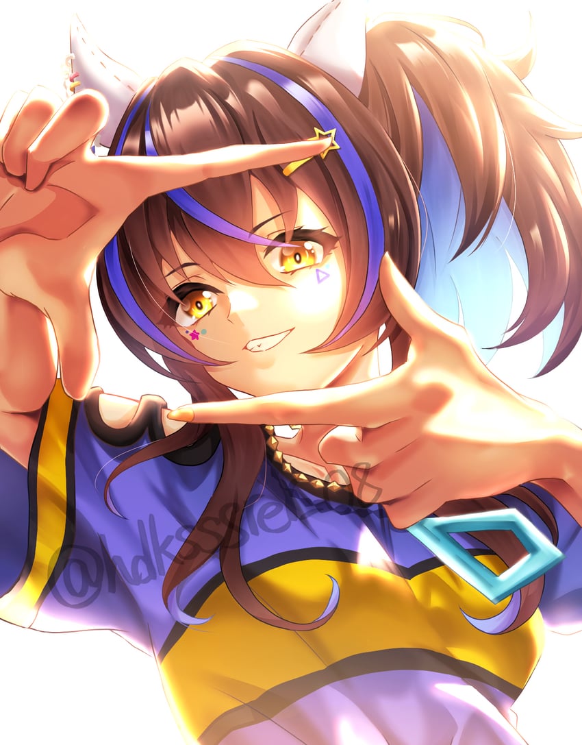 赛马娘、大泽太阳 (Fun Fun Party Night) (赛马娘)、大泽太阳 (赛马娘) 1名女孩 兽耳 蓝发 蓝色衬衫 棕发