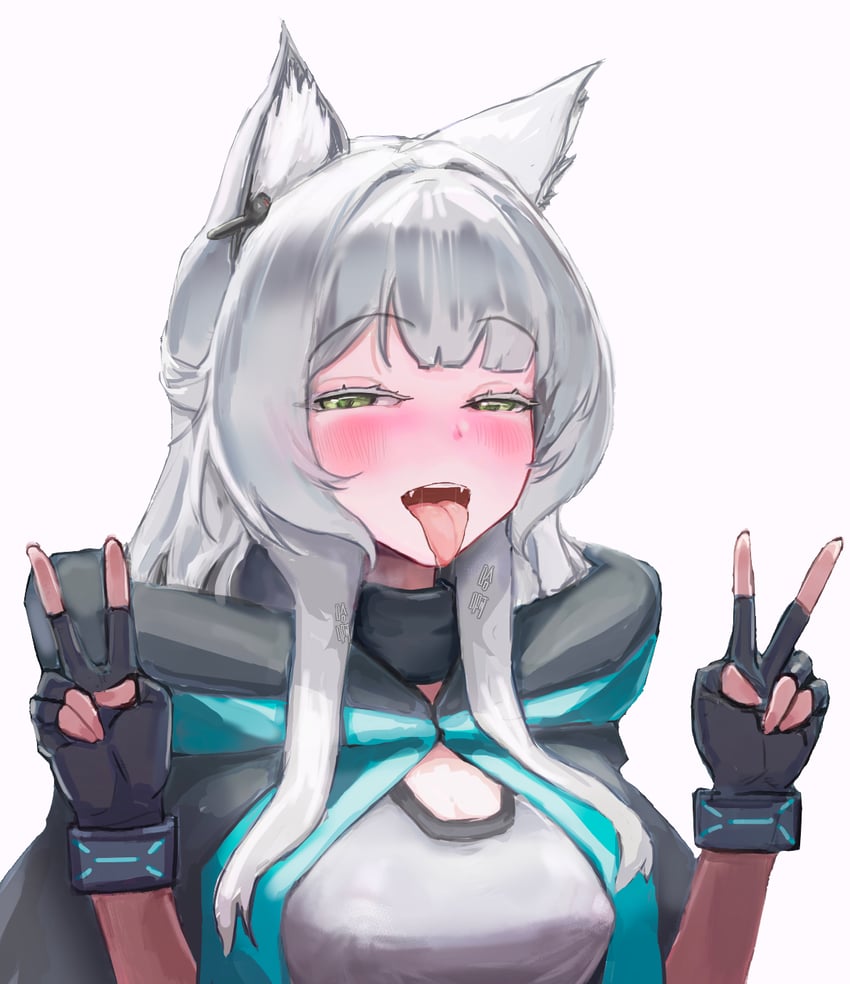 明日方舟、迷迭香 (明日方舟) 1名女孩 异形乳量 (大) 黑色手套 黑色夹克 脸红