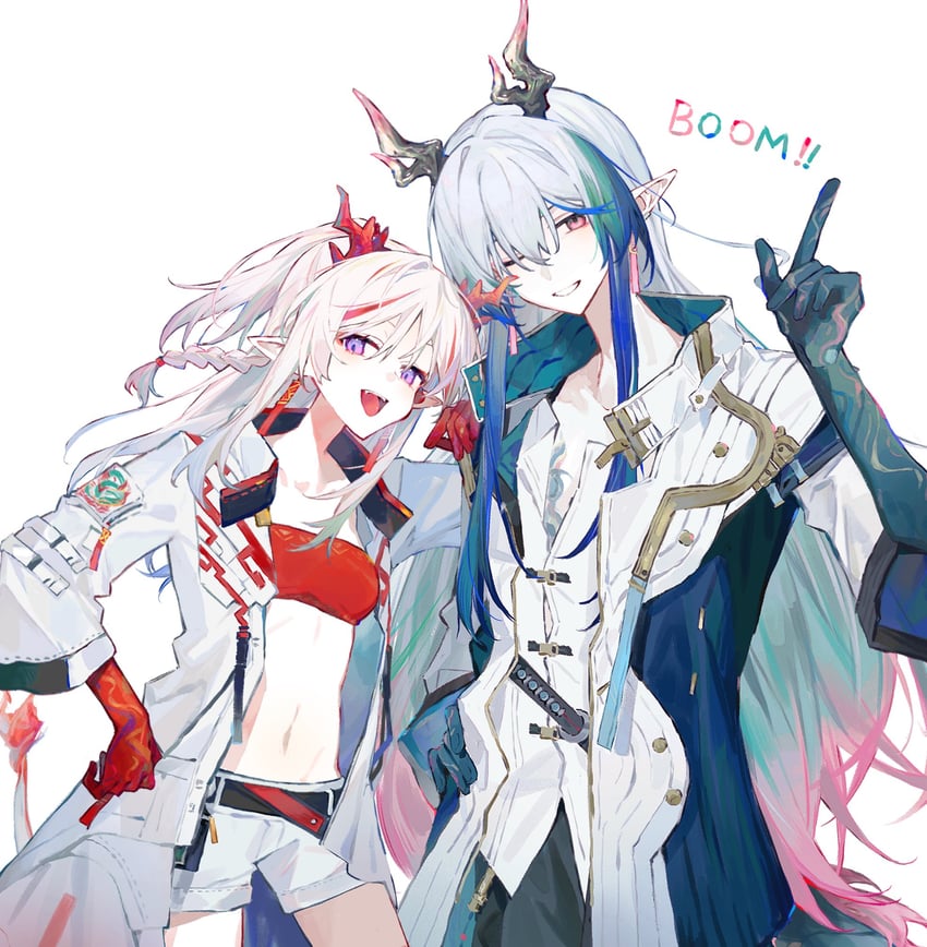 明日方舟、年 (明日方舟)、弈 (明日方舟) 1名男孩 1名女孩 抹胸 蓝色大衣 蓝发