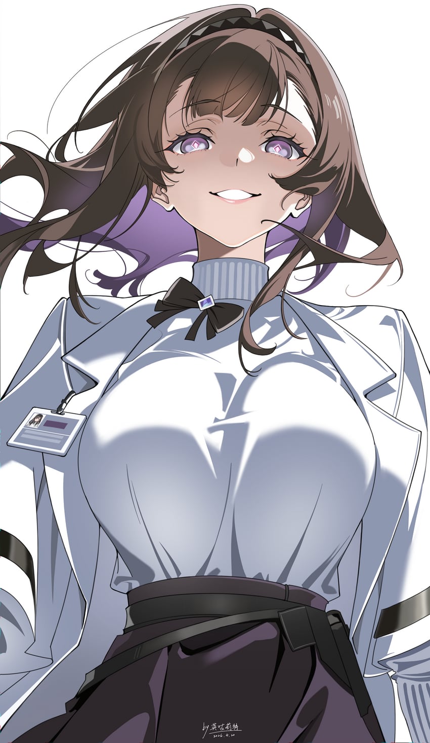 明日方舟、普瑞赛斯 (明日方舟) 1名女孩 黑色发带 黑色裙子 乳房 棕发