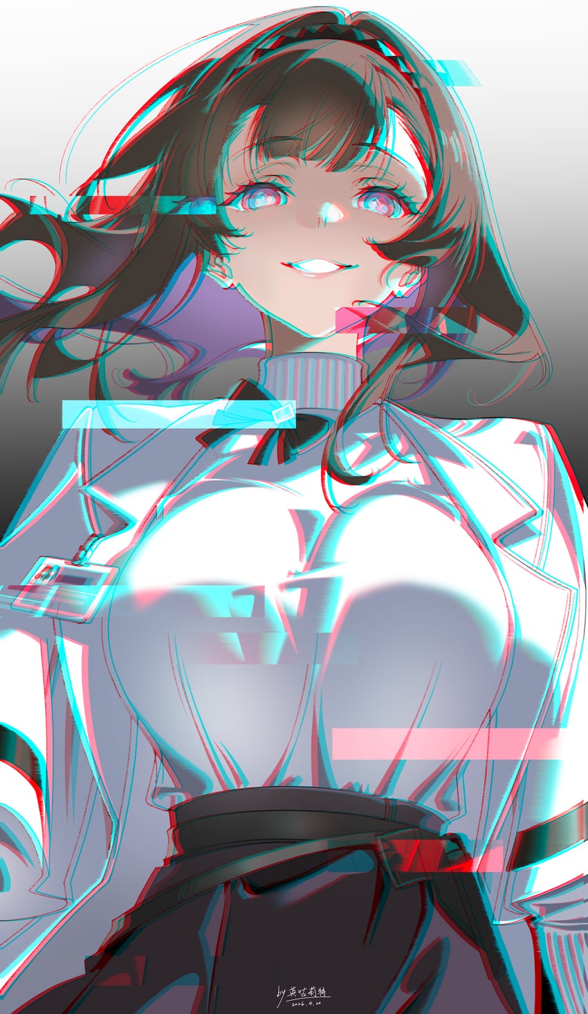 明日方舟、普瑞赛斯 (明日方舟) 1名女孩 黑色发带 黑色裙子 乳房 棕发