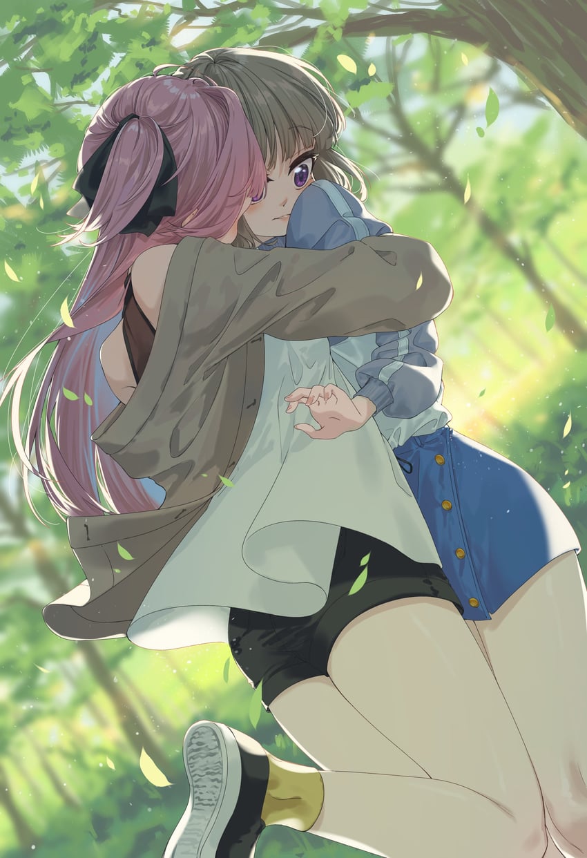 神稻牡丹：醉态如百合之花、上伊那牡丹、砺波伊吹 2名女孩 黑色丝带 黑色短裤 蓝色夹克 蓝裙子