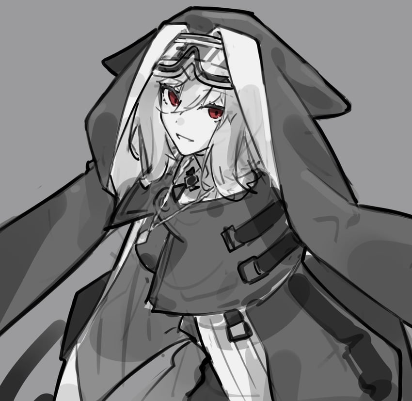 明日方舟、幽灵鲨(明日方舟) 1名女孩 连衣裙 护目镜 头戴护目镜 灰色背景