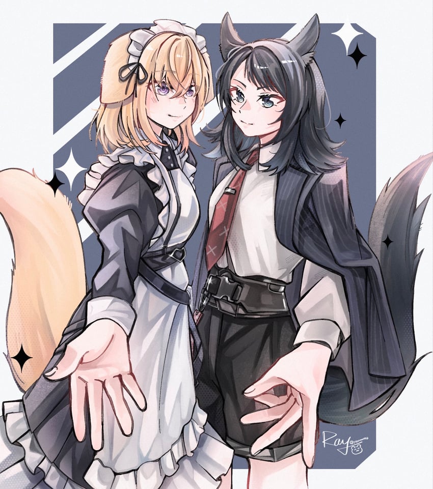 明日方舟、BanG Dream!、Bang Dream! It's MyGO!!!!! 2名女孩 兽耳 围裙 黑色夹克 黑色短裤
