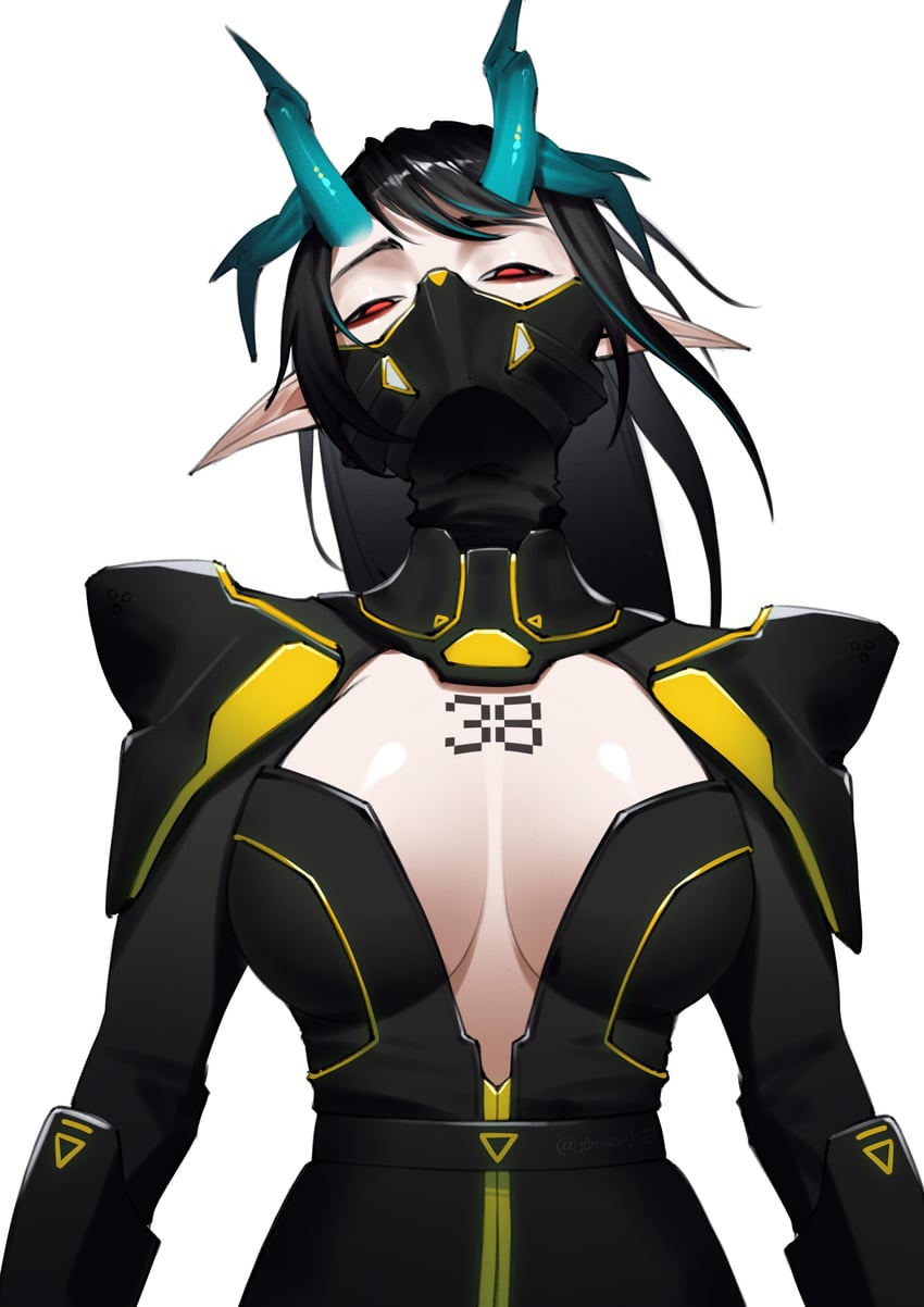 明日方舟、夕 (明日方舟) 1名女孩 替换服装 水色发 水蓝色角 水色挑染
