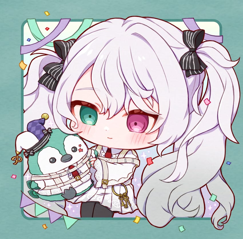 世界计划、VOCALOID、25点初音 1名女孩 黑色蝴蝶结 黑色连裤袜 脸红 边框