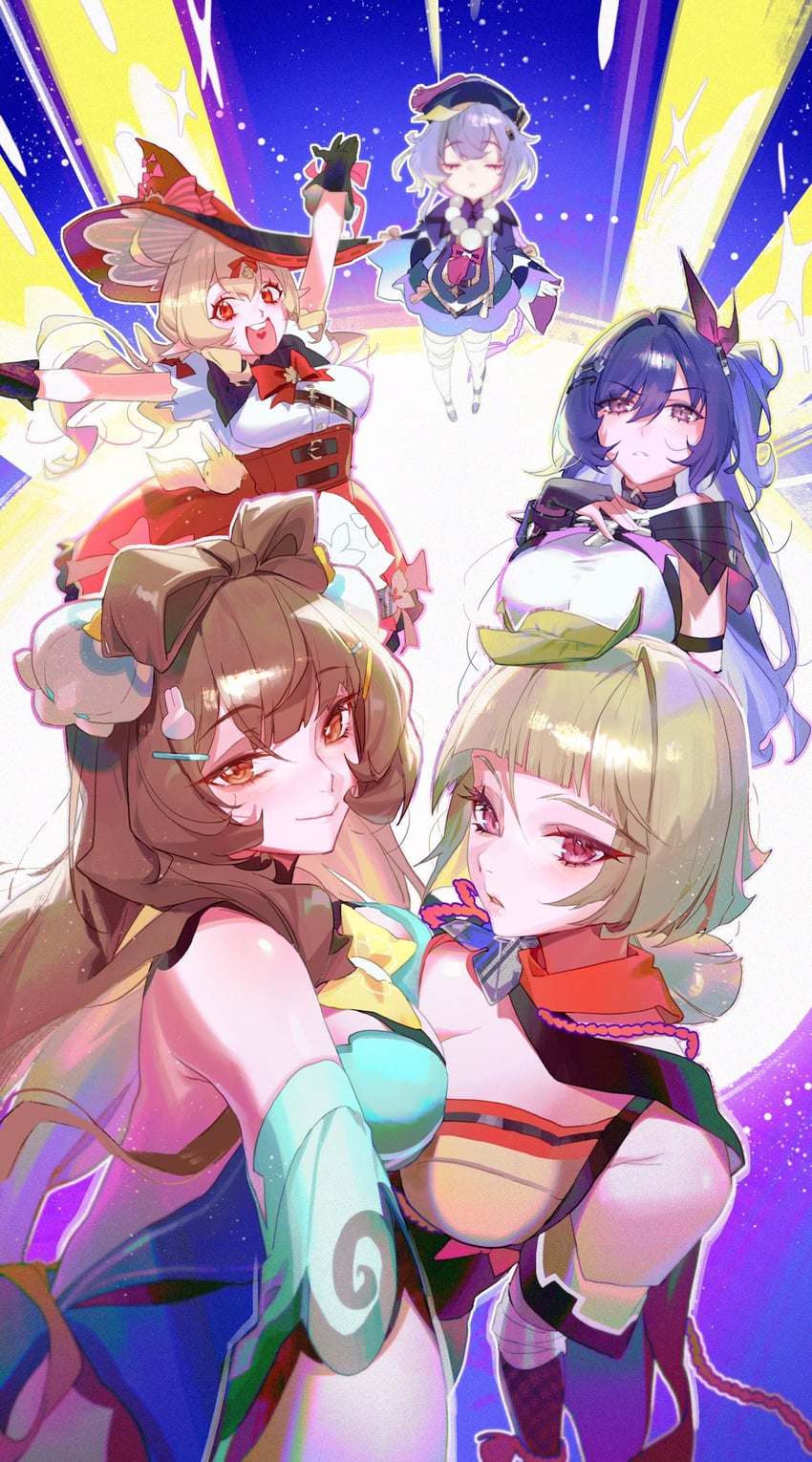 原神、可莉 (琪花星烛) (原神)、可莉 (原神) 5名女孩 年龄增长 金发 齐刘海 蝴蝶结