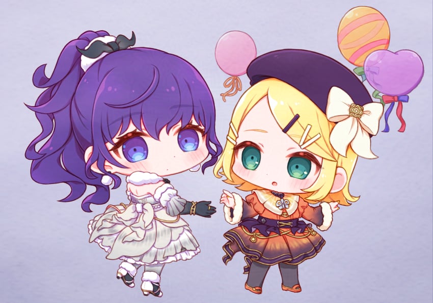 世界计划、VOCALOID、25点 Rin 2名女孩 惊讶 气球 贝雷帽 黑色手套