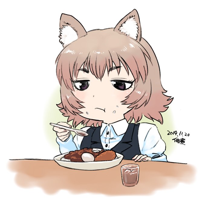 原创、佃煮酱 1名女孩 兽耳毛 黑瞳 黑色马甲 棕发