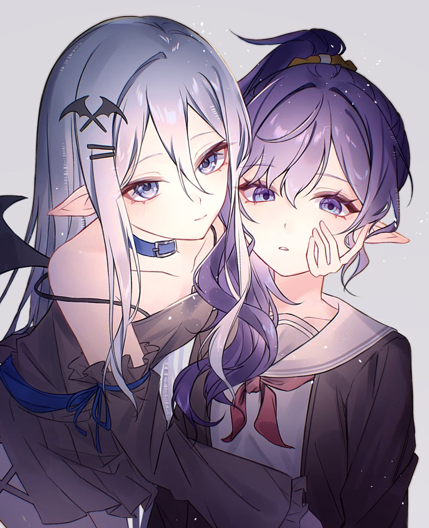 世界计划、吸血鬼（Vocaloid）、朝比奈真冬 2名女孩 露肩 黑色连衣裙 黑色夹克 黑色袖子