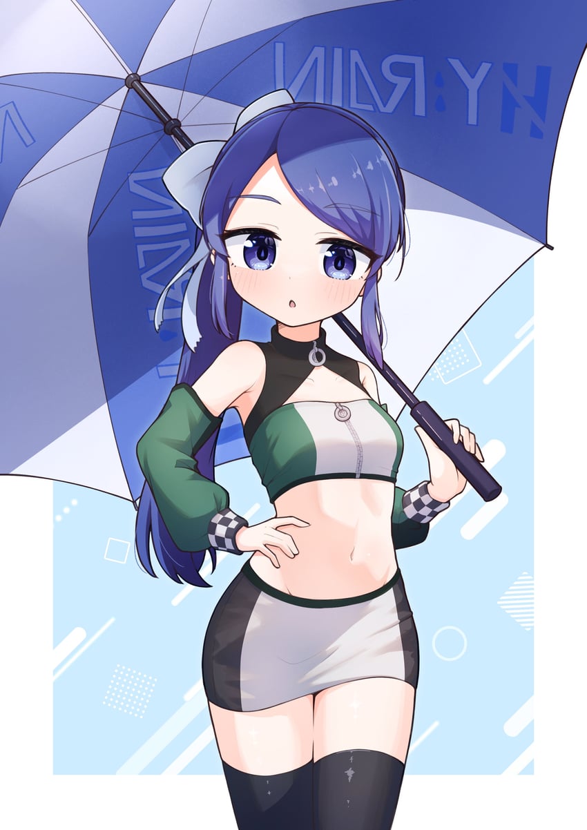 璀璨之星、日向见七花 1名女孩 黑色裙子 黑色过膝袜 蓝眼 蓝发