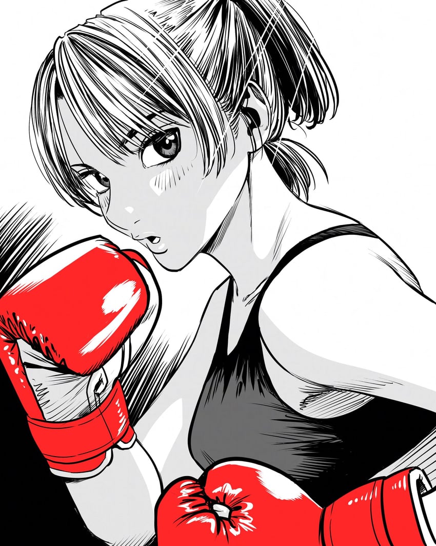 原创 1名女孩 拳击 拳击手套 乳房 眉毛被头发遮住