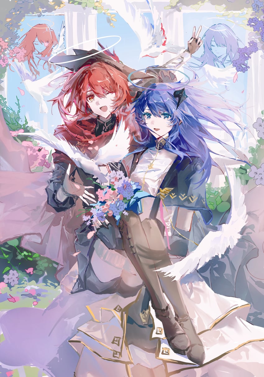 明日方舟、能天使 (明日方舟)、能天使 (新约) (明日方舟) 2名女孩 鸟 黑色连衣裙 黑色手套 黑帽子
