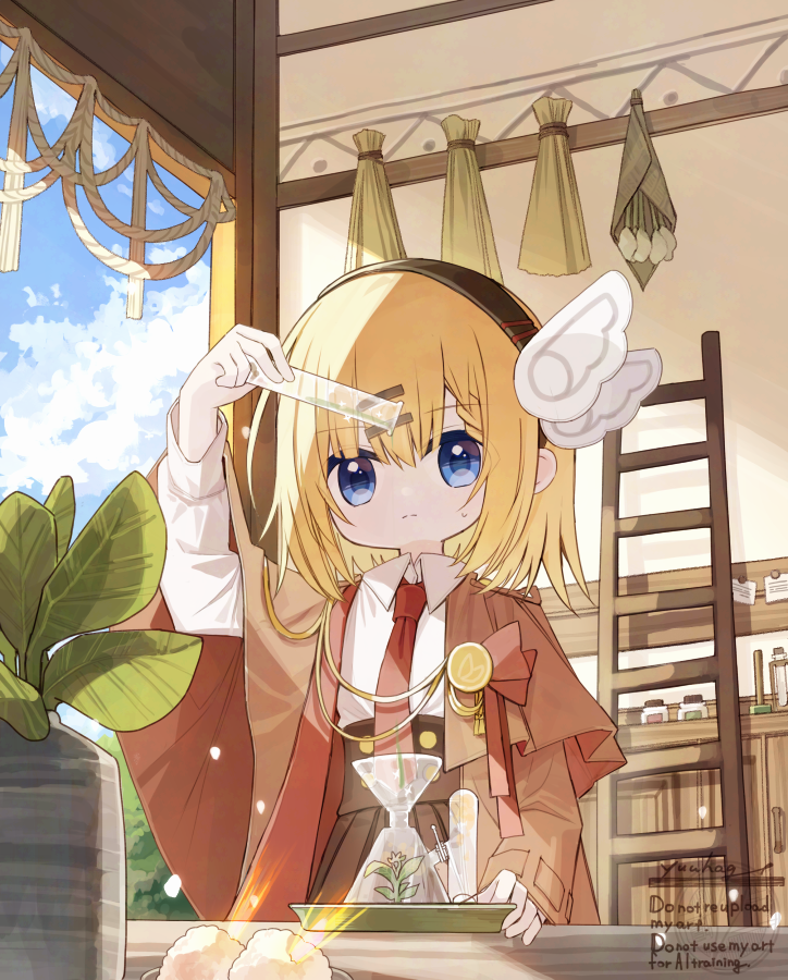 原创、卖花女孩 (夕凪 (苦艾酒之夏)) 1名女孩 举手 黑色发带 金发 蓝眼