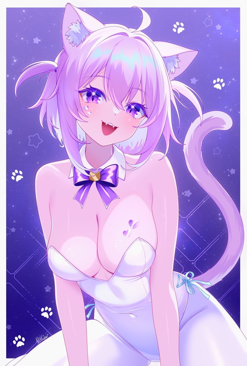 Hololive、猫又小粥 1名女孩 猫脸笑 :D 呆毛 兽耳毛