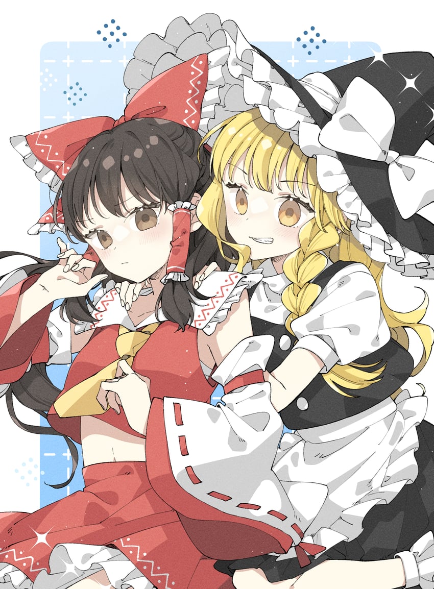 东方Project、博丽灵梦、雾雨魔理沙 2名女孩 围裙 阿斯科特领巾 黑帽子 黑色裙子