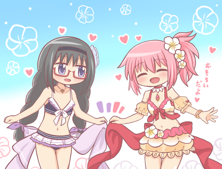 魔法纪录 魔法少女小圆外传、魔法少女小圆、晓美焰 2名女孩 :D 微笑 后背蝴蝶结 裸臂