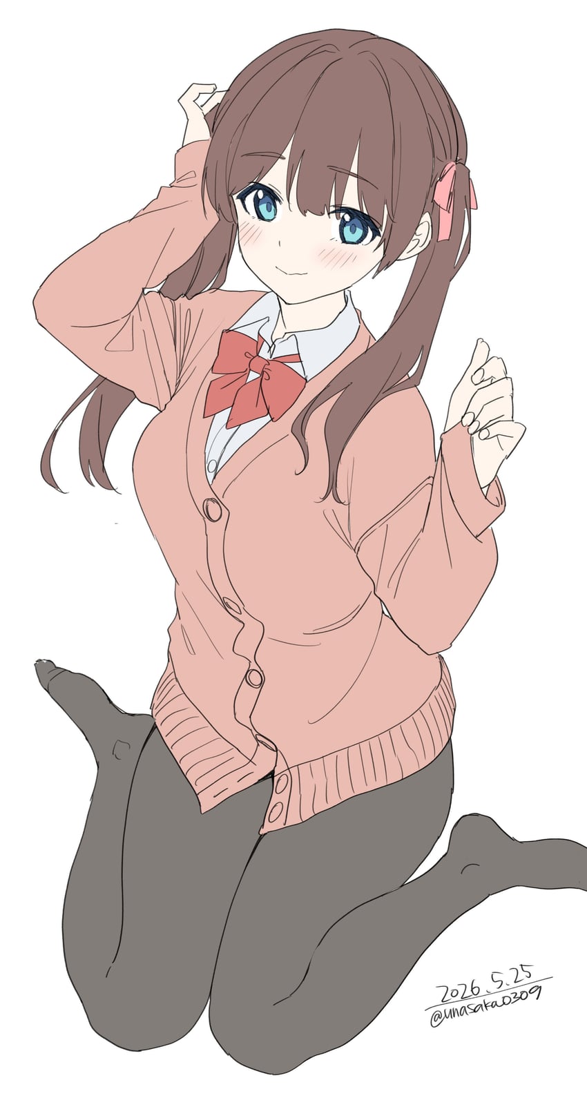 原创 1名女孩 黑色连裤袜 蓝眼 脸红 蝴蝶结