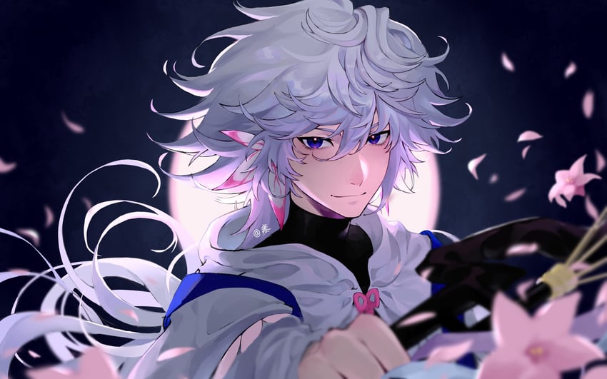 Fate/Grand Order、Fate系列、梅林 (Fate) 1名男孩 落花 花 灰发 发丝垂在眼睛之间