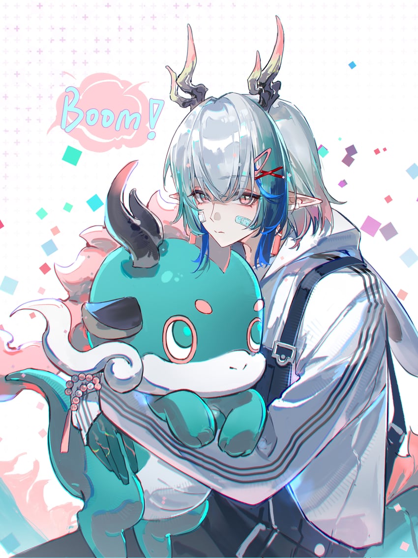 明日方舟、弈 (明日方舟)、翌 (吉祥物) (明日方舟) 1名男孩 替换服装 发型长度变动 (更短) 动物 创可贴
