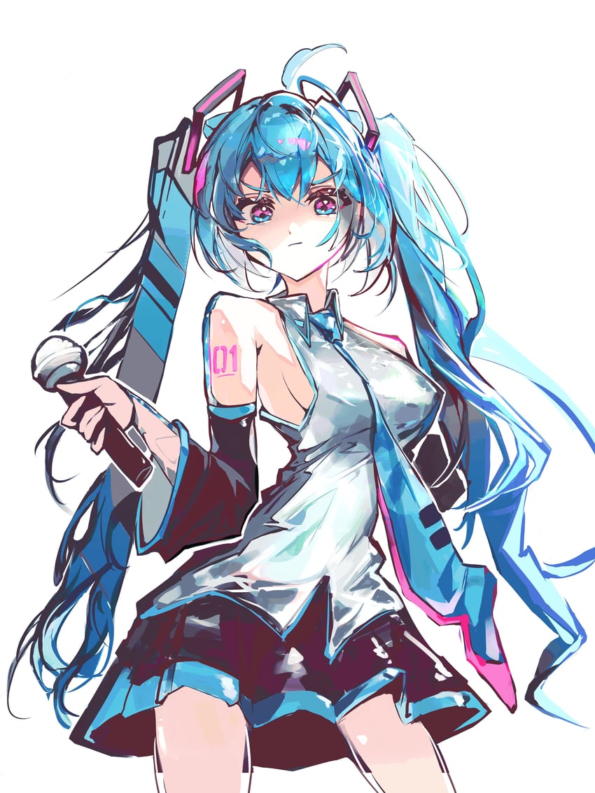 VOCALOID、初音未来 1名女孩 呆毛 水色瞳 水色发 水蓝色领带
