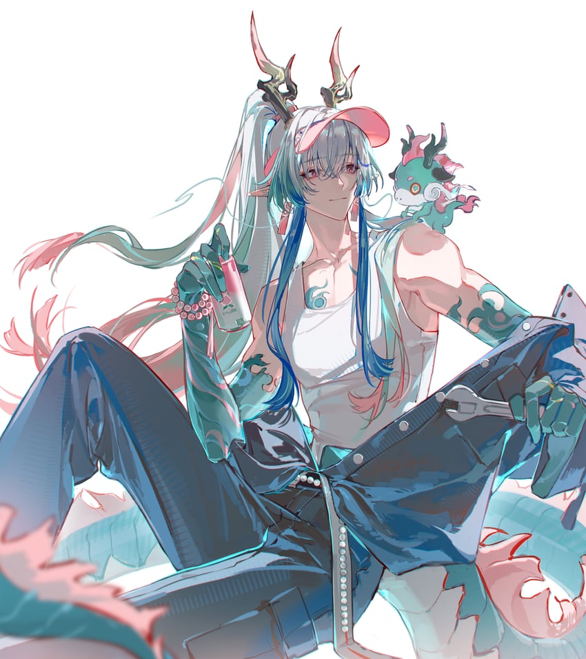 明日方舟、弈 (明日方舟)、翌 (吉祥物) (明日方舟) 1名男孩 替换服装 肩上的动物 露肩 蓝发