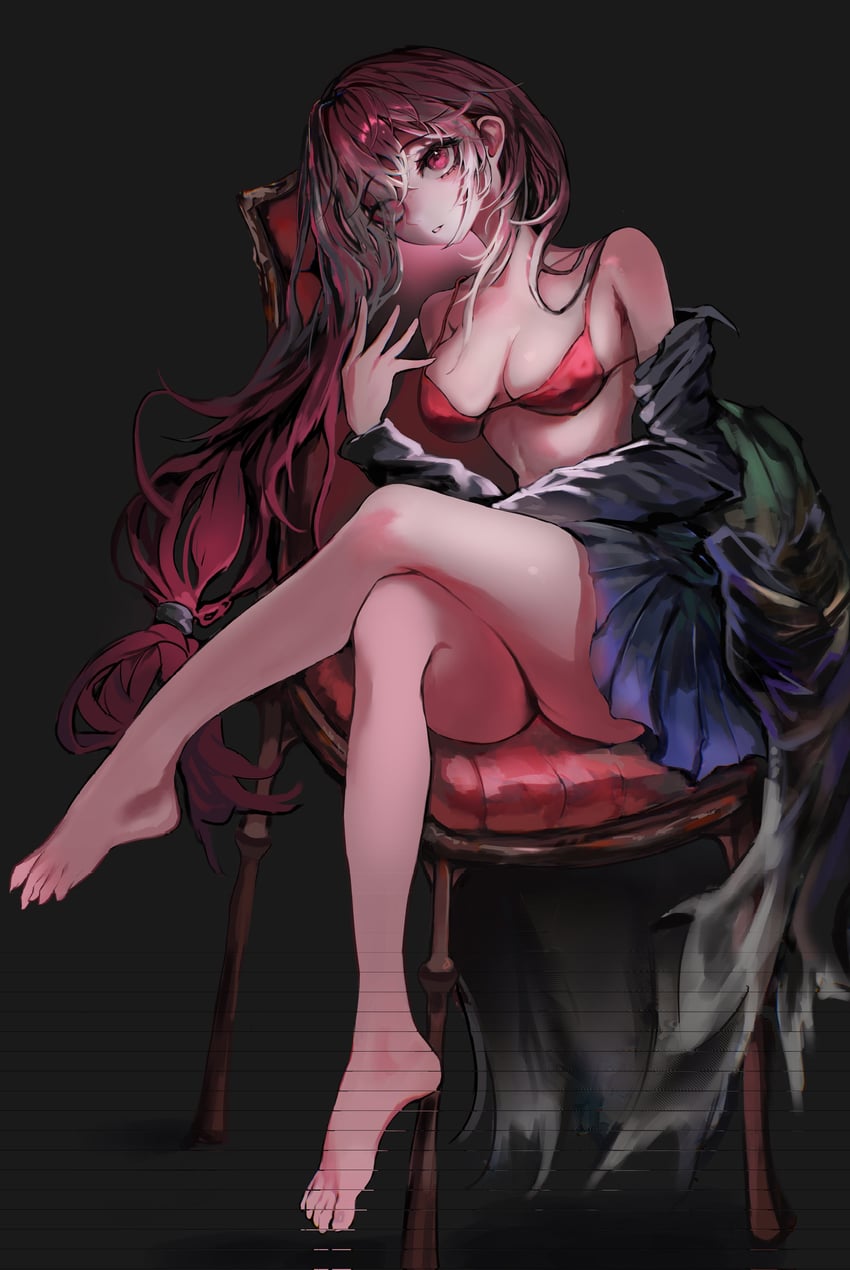 原创 1名女孩 裸腿 赤脚 黑色连衣裙 黑色袖子