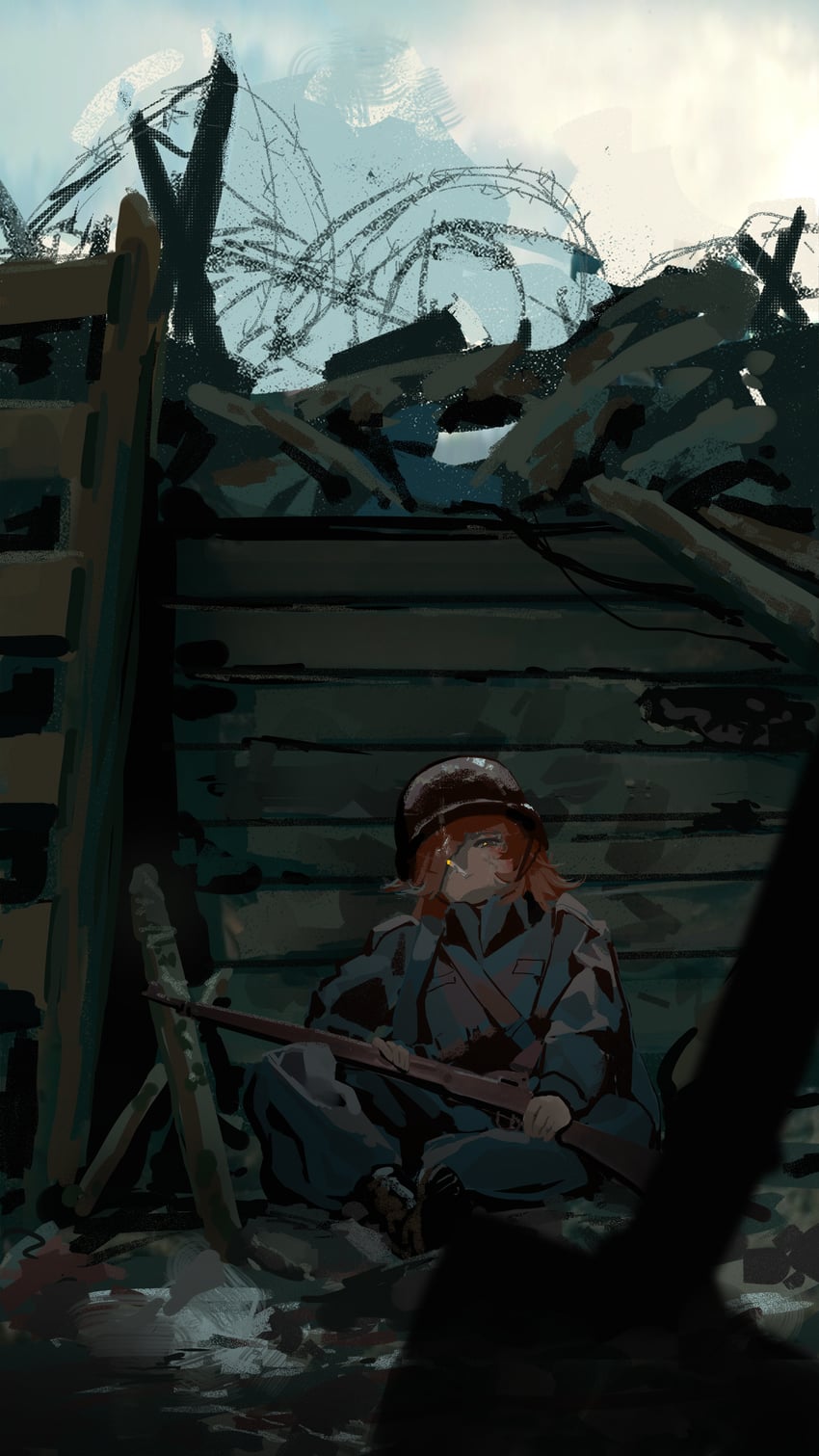 原创 1名女孩 铁丝网 战场 蓝色大衣 外套