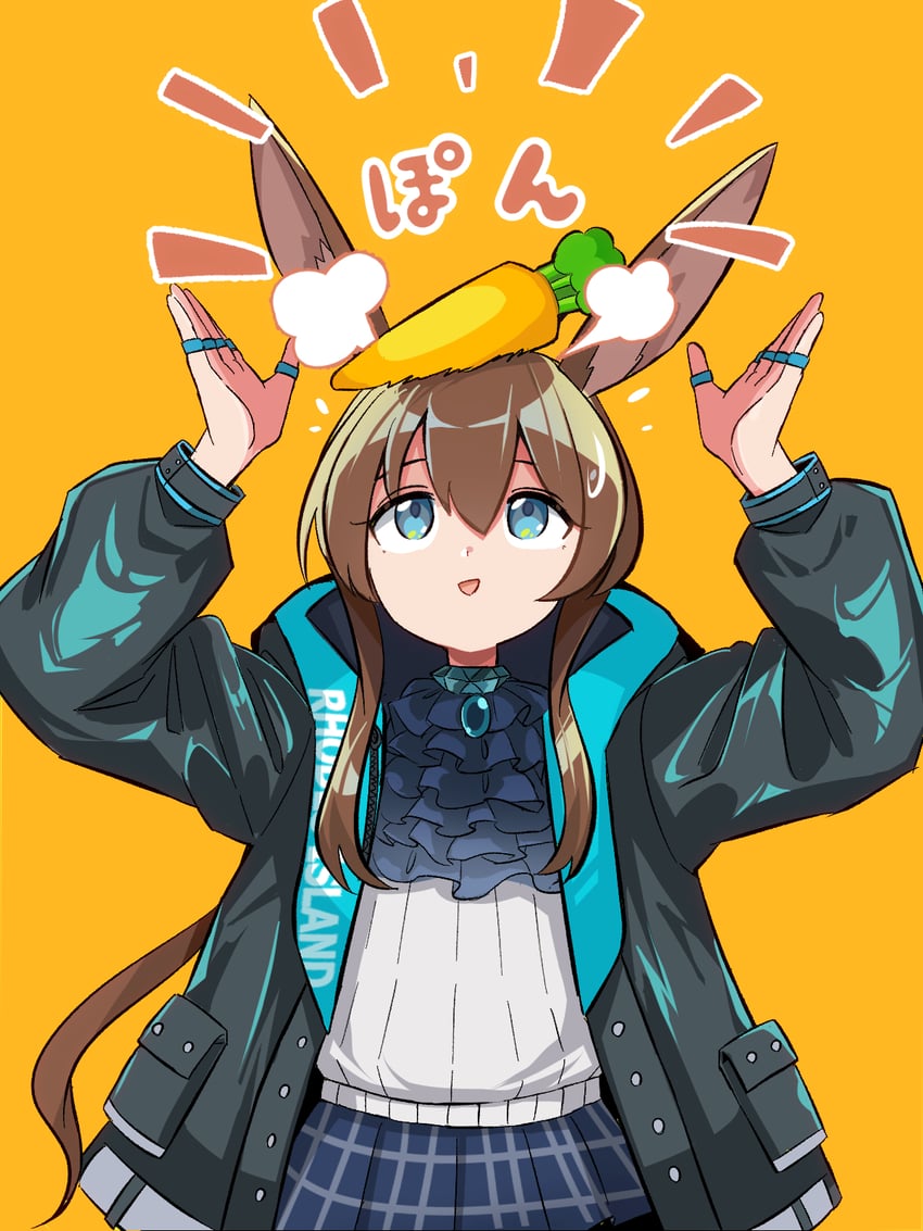 明日方舟、阿米娅 (明日方舟) 1名女孩 :D 兽耳 举起双手 阿斯科特领巾