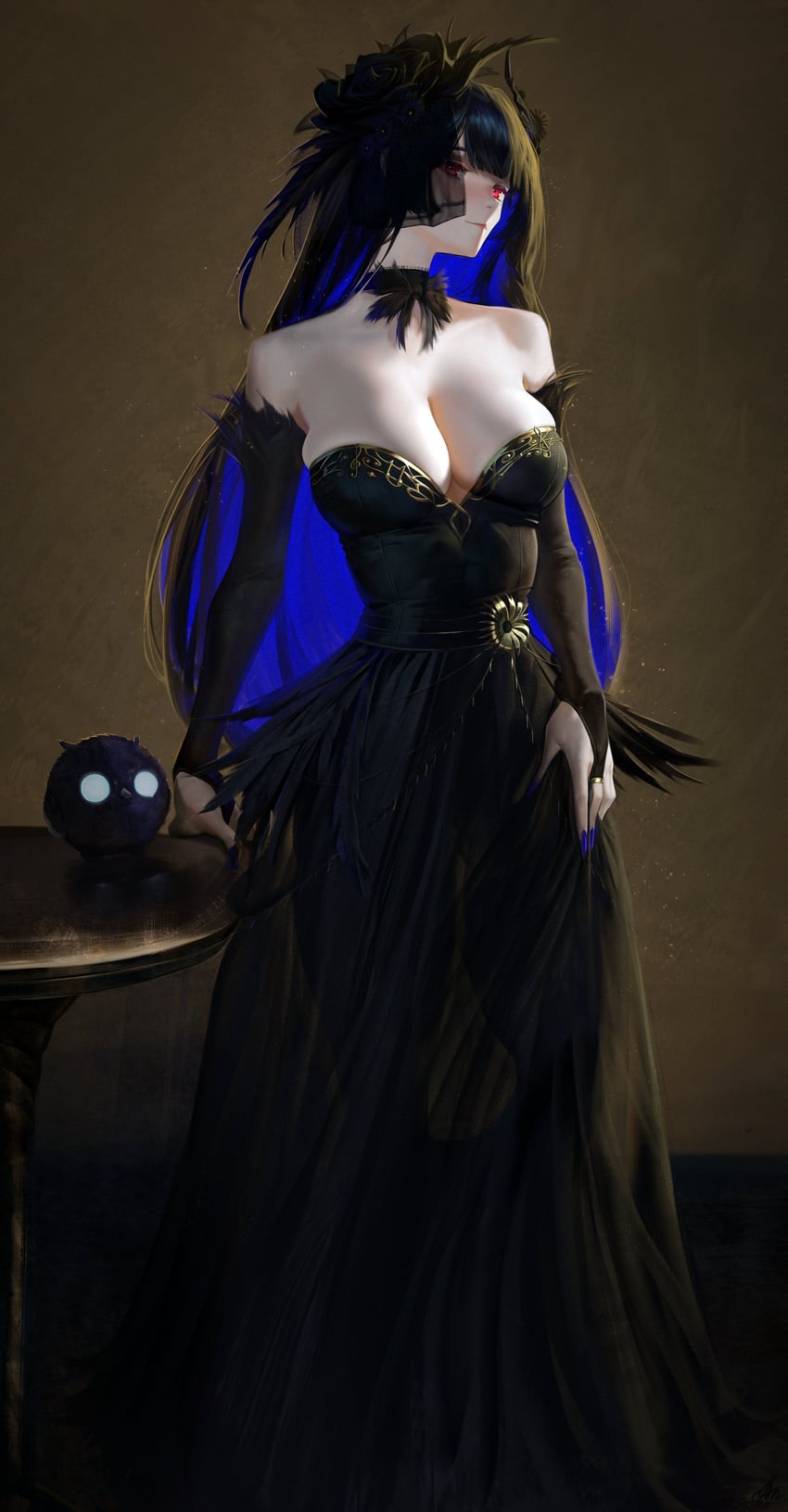 Hololive、Hololive英语、囚鸟 (Nerissa Ravencroft) 1名女孩 不对称角 黑色连衣裙 黑花 黑发