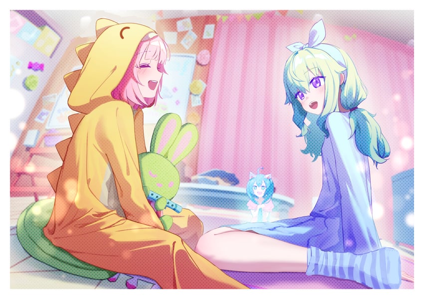 世界计划、VOCALOID、初音未来 3人女子 呆毛 蓝袜子 边框 恐龙装
