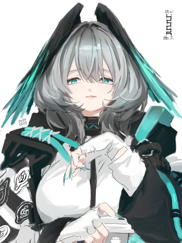 明日方舟、霍尔海雅 (明日方舟) 1名女孩 水色瞳 水蓝色指甲 黑色夹克 乳房