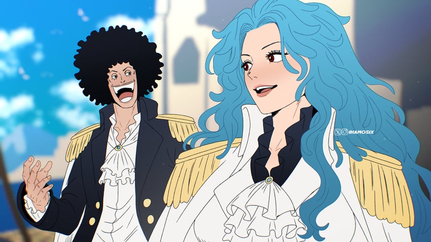 海贼王、布鲁克 (海贼王)、candel (one piece) 1名男孩 1名女孩 爆炸头 阿斯科特领巾 黑色大衣
