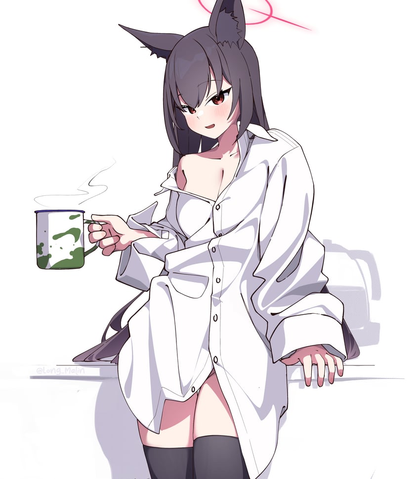 蔚蓝档案、雪乃 (蔚蓝档案) 1名女孩 兽耳 黑色过膝袜 脸红 借来的衣服