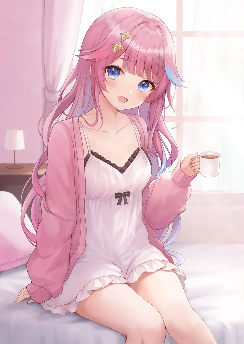 个人势虚拟主播、risa yuzuki (vtuber) 1名女孩 裸腿 蓝眼 齐刘海 脸红