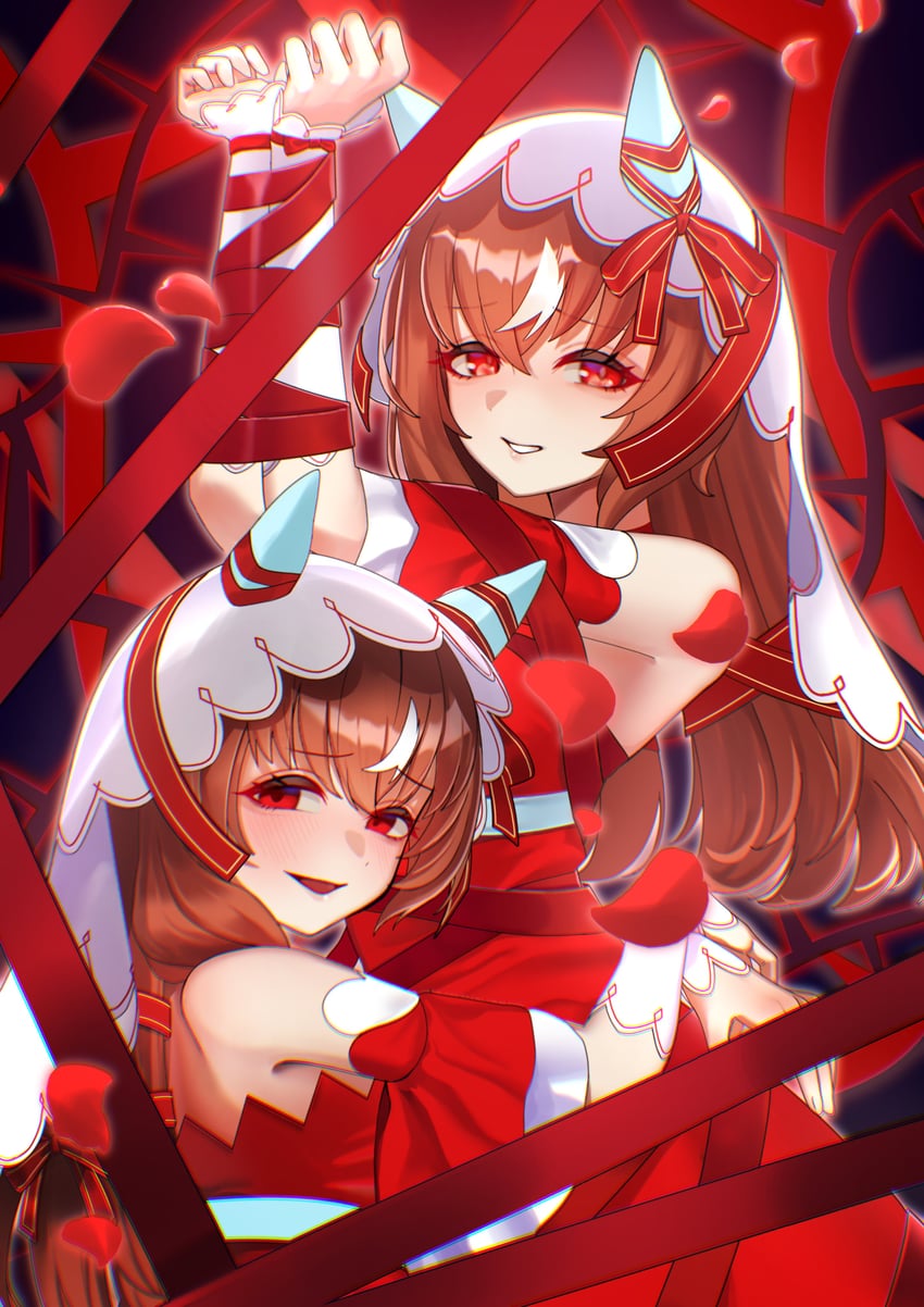 赛马娘、依然爱你 (绯红誓约) (赛马娘)、依然爱你 (赛马娘) 2名女孩 3人女子 兽耳 露肩 脸红