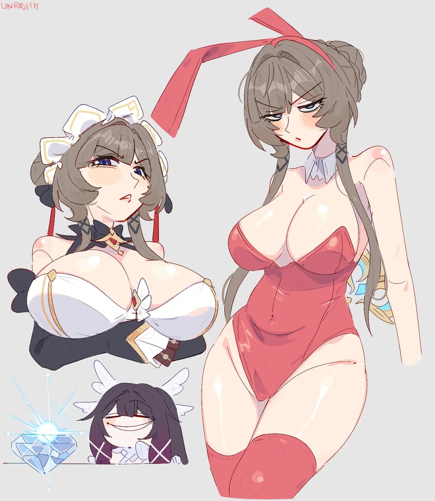 原神、哥伦比娅 (原神)、木偶 (原神) 2名女孩 无语 兽耳 作者名 露肩