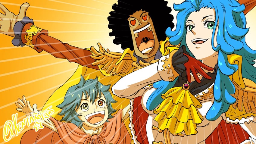 海贼王、布鲁克 (海贼王)、candel (one piece) 2名女孩 爆炸头 幼化 水色瞳 举起双手