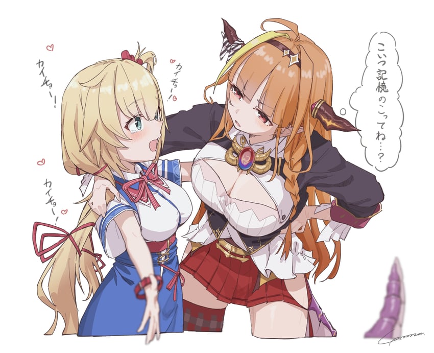 Hololive、赤井心、赤井心 (第一套服装) 2名女孩 呆毛 金发 金色挑染 蓝眼