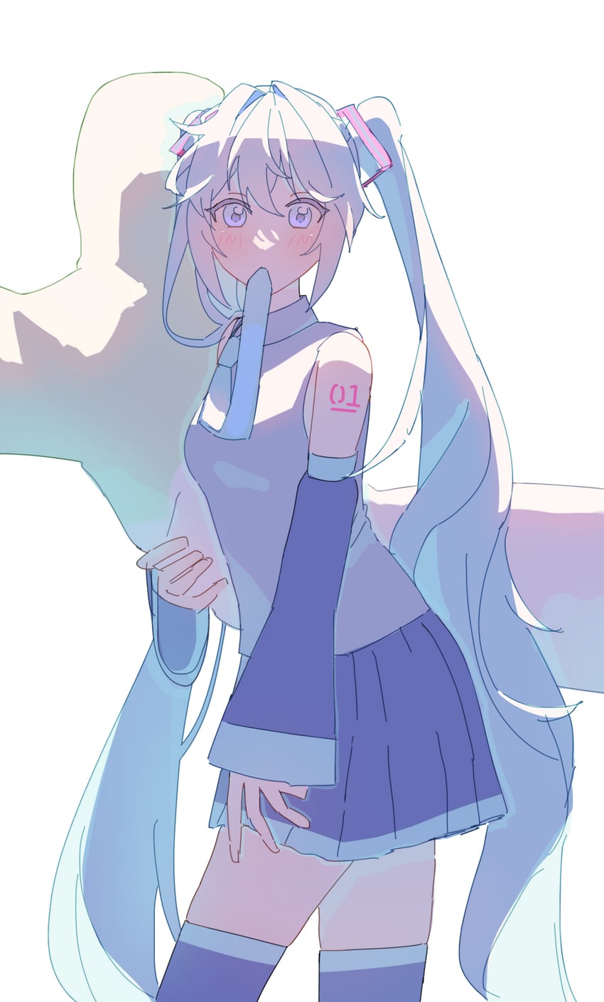 VOCALOID、初音未来 1名女孩 露肩 黑色裙子 黑色过膝袜 蓝眼