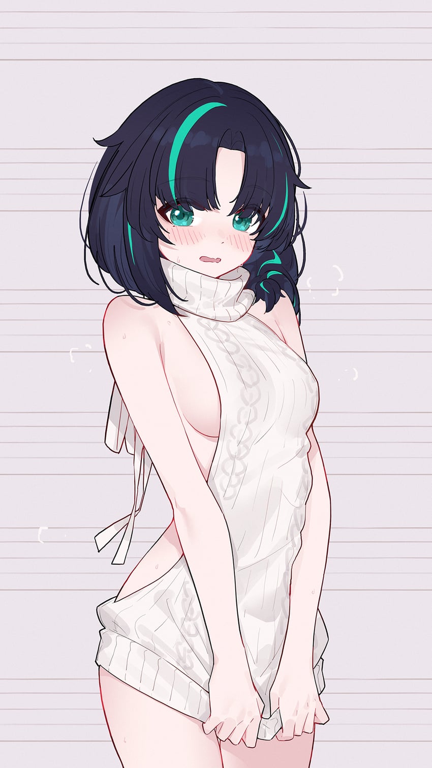 原创 1名女孩 水色瞳 水色挑染 黑发 脸红